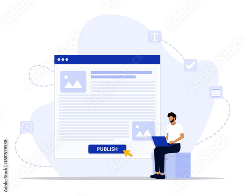 Publish article concept illustration. Suitable for landing page, ui, web, App intro card, editorial, flyer, and banner.
