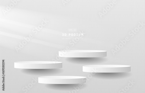 Realistic luxury white 3d cylinder podium pedestal hanging floating on vertical wall. Minimal wall scene for cosmetic mockup. 3d stage for showcase. Vector geometric platform. 3d vector rendering.