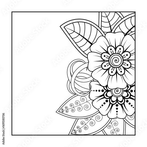 Mehndi flower pattern for Henna drawing and tattoo. Decoration in ethnic oriental  Indian style. Doodle ornament. Outline hand draw vector illustration.