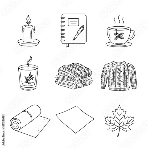A cohesive minimal line art vector illustration set highlights cozy autumn essentials: warm sweater, burning candle, herbal tea cup, journal notebook, rolled yoga mat, and a maple leaf.