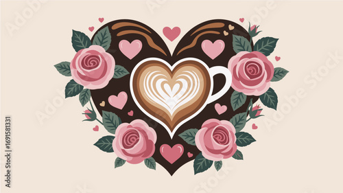Coffee Cup Heart Shape with Roses and Leaves Design Illustration Art