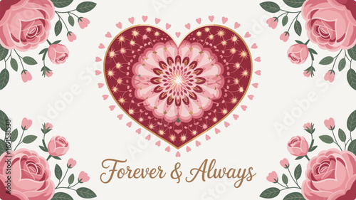 Floral Heart Forever Always Design with Roses and Leaves Illustration