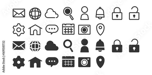 System UI Icon Set Featuring Communication, Security, Navigation, and Utility Symbols in Light and Dark Vector Styles
通信・セキュリティ・ナビゲーション・機能系のシンボルを収録したライト＆ダークテーマ対応のシステムUIアイコンセット