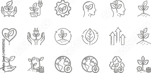 Sustainable growth and eco-friendly concepts represented by clean line art icons for business and nature