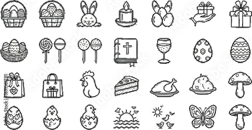 Charming hand-drawn Easter icons capture festive spirit perfect for holiday celebrations and springtime themes