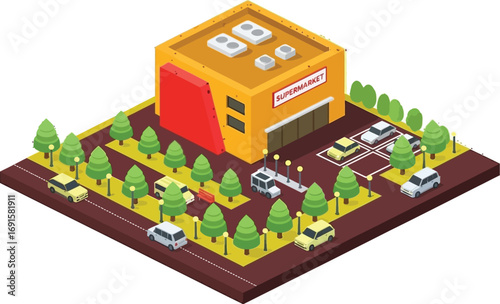 Vibrant isometric supermarket scene with cars and trees creating a lively urban retail environment