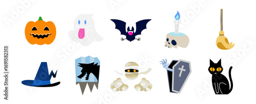 Halloween Icon Set Featuring Pumpkins, Ghosts, Bats, Mummies, Coffins, and Other Spooky Elements in Cute Cartoon Vector Style
かぼちゃやゴースト、コウモリ、ミイラ、棺などの不気味でかわいい要素を描いたハロウィンのベクターアイコンセット