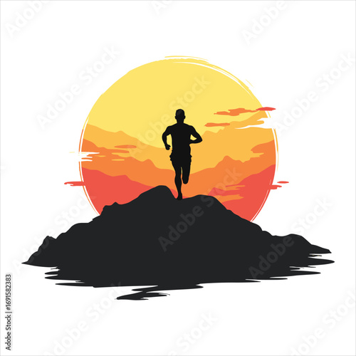 silhouette of a man on the mountain with sunset