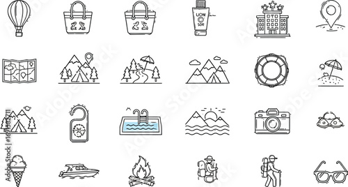 Vibrant summer travel icons capture adventure, relaxation, and exploration for your next vacation.
