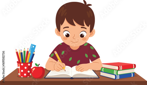 Cute school boy studying at desk with books, pencils, apple, and open notebook for education and learning concept illustration.