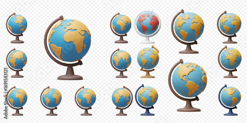 A collection of fifteen globe illustrations, each with different perspectives and stand designs, set against a transparent background.