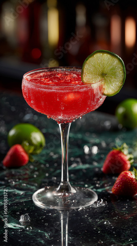 Summer Cocktail with Lime Slice and Strawberries
