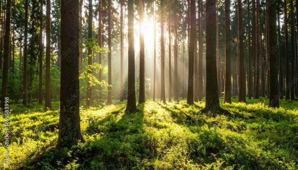 Fototapeta premium Sunlit Forest at Dawn Magical Nature Scene