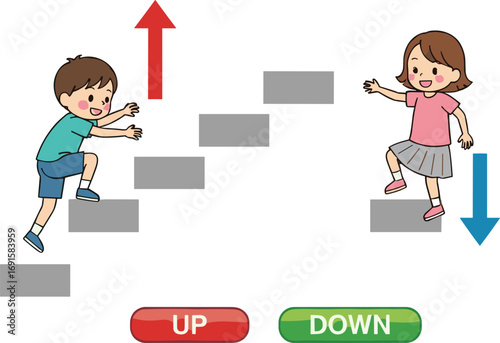 Educational vector illustration of children learning movement concepts with up and down stairs, perfect for preschool teaching and action verbs.