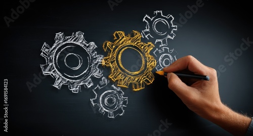 A hand drawing gear mechanisms on a dark surface, with one gear highlighted in golden yellow. Gears are sketch-like