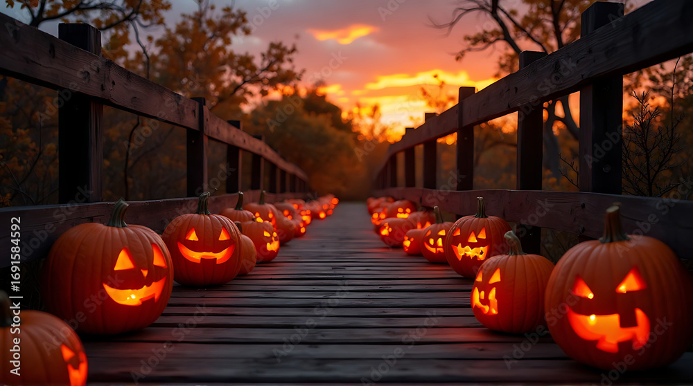 Fototapeta premium Illuminated jack-o'-lanterns lining wooden bridge at dusk during spooky halloween