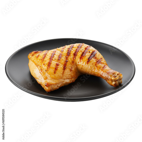 Grilled chicken leg quarter on black plate showing grill marks and texture isolated on white background