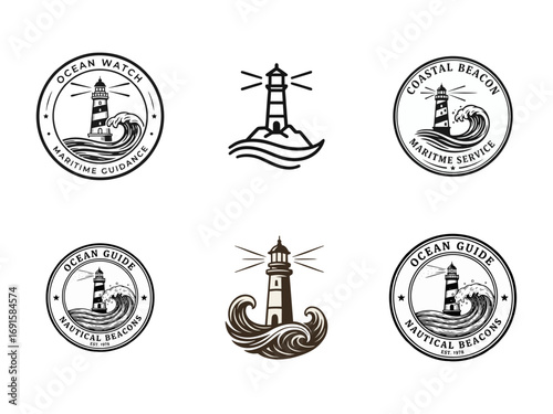 Lighthouse logo set, maritime beacon designs