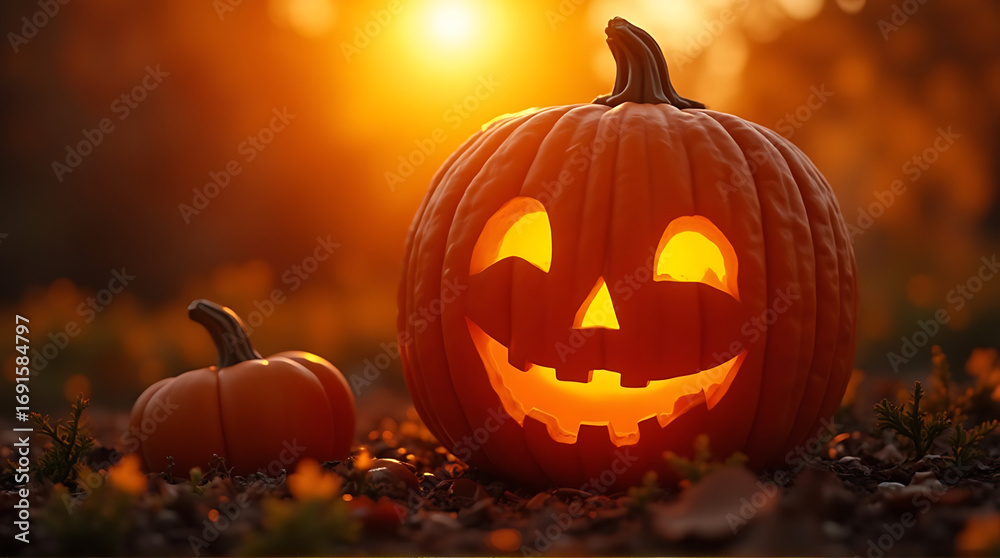 Fototapeta premium Warm Halloween Evening: Jack-o'-Lanterns Glowing in Autumn Setting