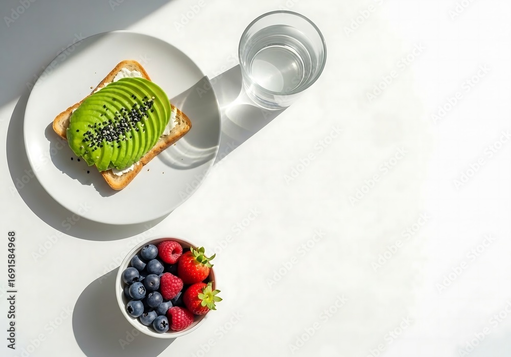 Fototapeta premium Healthy minimalist breakfast with avocado toast, fresh berries, and clean water