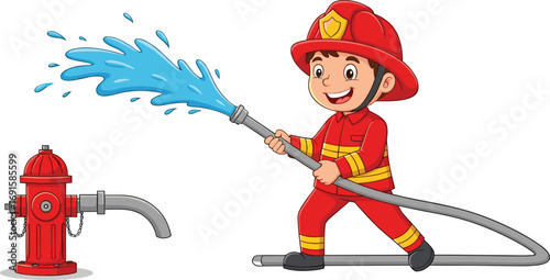 Happy boy firefighter spraying water from hose connected to fire hydrant, fire safety, emergency response, kid role play, cartoon vector