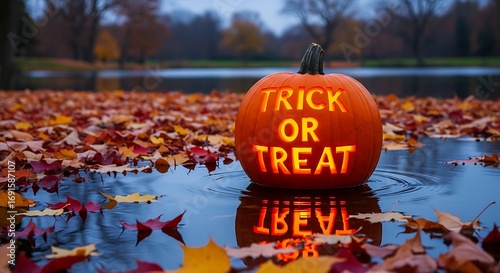 Glowing trick or treat pumpkin reflecting in water surrounded by autumn leaves for halloween celebration