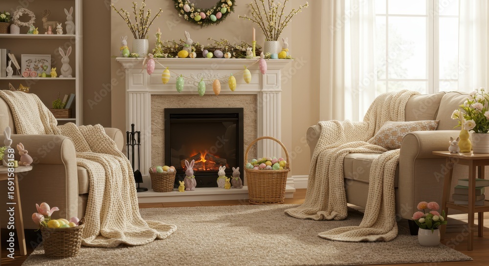 Fototapeta premium Cozy living room decorated for Easter, featuring light beige furniture, throws, and decorative elements.