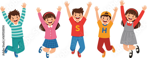 Happy cartoon kids jumping with excitement, joyful children illustration ideal for education, celebration, playtime, and childhood fun-themed designs.