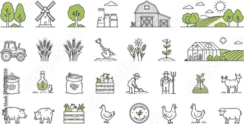 Vibrant farm icons capture rural life, agriculture, and organic produce with charming simplicity