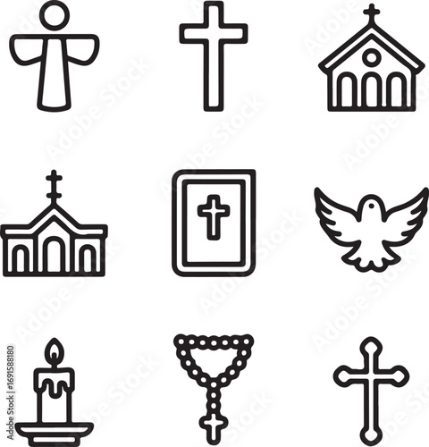 Religious Cultural Heritage Outline Icons Christening, Cross, Church, Bible, Dove, Candle, Rosary, and Sacred Traditions