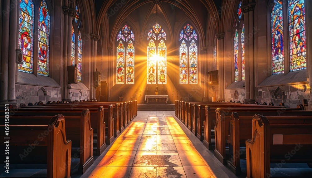Obraz premium Captivating view of sunlight illuminating the interior of a Gothic cathedral through vibrant stained glass windows.