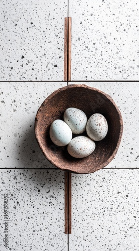 Rustic bowl holding speckled eggs, centered on a white tiled surface with copper strips forming a cross pattern