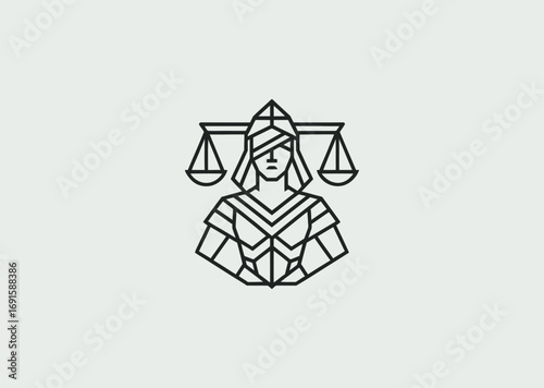 A geometric style line art Nemesis logo with scales of justice, representing balance, retribution, and divine judgment