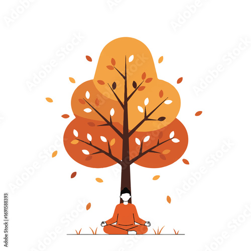 A peaceful person meditating calmly under a stylized autumn tree is depicted in a clean lines 2D flat vector illustration with solid colors on a minimalist white background.