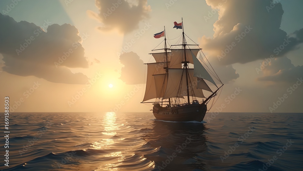 Fototapeta premium Sailing Ship on Blue Sea at Sunset with White Sails and Cloudy Sky