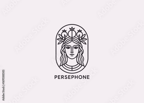 A geometric style line art Persephone logo, representing duality, spring, rebirth, and queen of the underworld