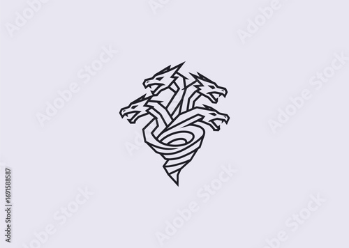 A geometric style line art Typhon multi-headed dragon logo, symbolizing chaos, destruction, and monstrous power