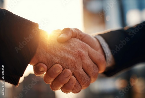 Close up of a handshake between two people in dark suits, with bright sunlight shining behind them. Wrinkles and textures are visible on the hands