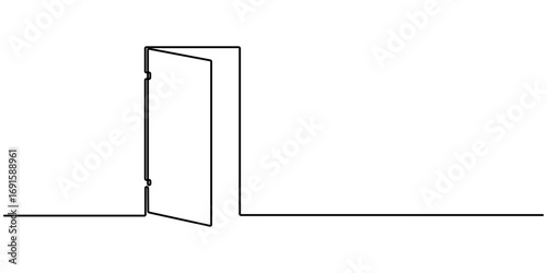 Continuous one line drawing of Opened door vector illustration. Single line art draw of open doors. Open door one line illustration. Editable outline.