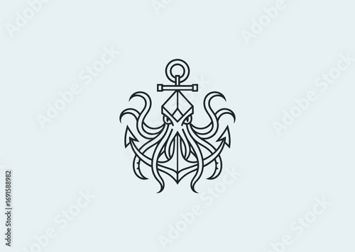 A geometric style line art Kraken anchor logo, symbolizing the legendary sea monster entwined with maritime strength