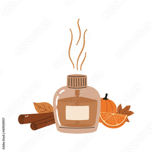 A serene 2D flat vector illustration features a burning essential oil diffuser emitting warm autumn aromas, isolated on a clean white background.