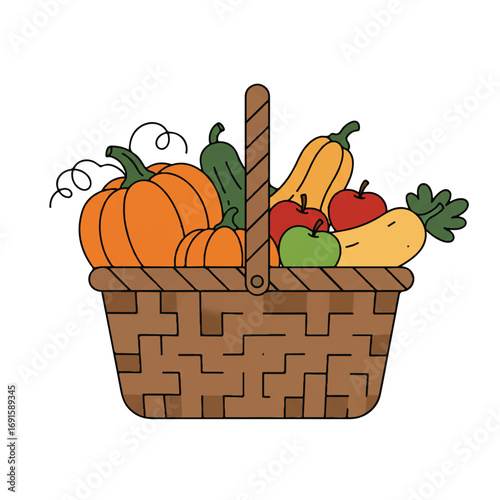 A vibrant 2D flat vector illustration of a rustic basket brimming with colorful autumn harvest vegetables like pumpkins, apples, and squash, isolated on a clean white background.