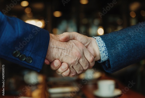 Close up of a handshake between two individuals wearing suit jackets, with a cafe/restaurant interior softly blurred in the background