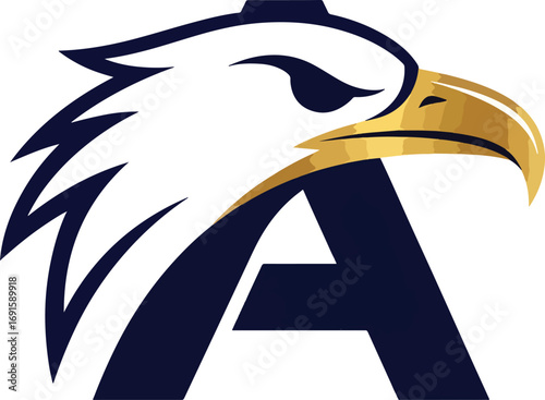 Bold eagle emblem with golden beak and sharp eye integrated into a powerful navy letter A for modern brand identity and athletic team logos
