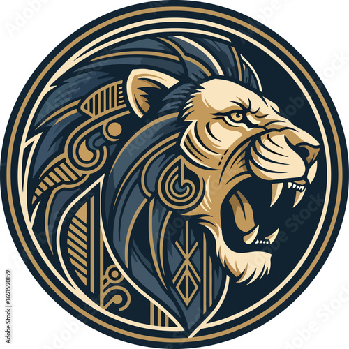Powerful roaring lion head emblem with intricate tribal patterns exuding strength and dominance for modern brand identity
