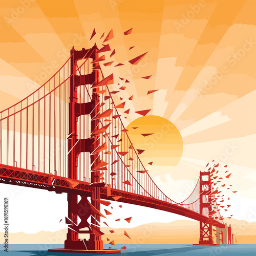 Iconic Golden Gate Bridge artfully disintegrates against a vibrant sunburst sky symbolizing change and transformation