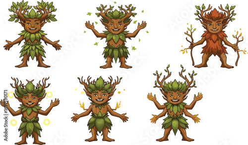 Cartoon forest spirit characters, magical tree guardian illustration set, fantasy nature elemental mascot, wood creature artwork for games and children