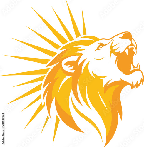 Roaring golden lion head with sunburst mane symbolizing power, courage, and strength in a striking, modern logo design