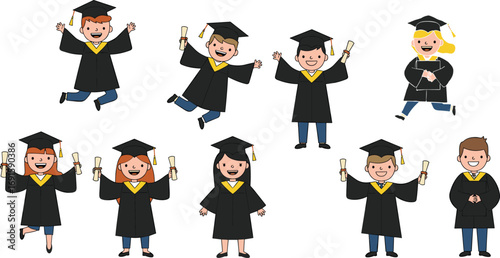 Happy cartoon kids wearing graduation caps and gowns jumping and holding diplomas, celebrating school success, diverse children vector illustration