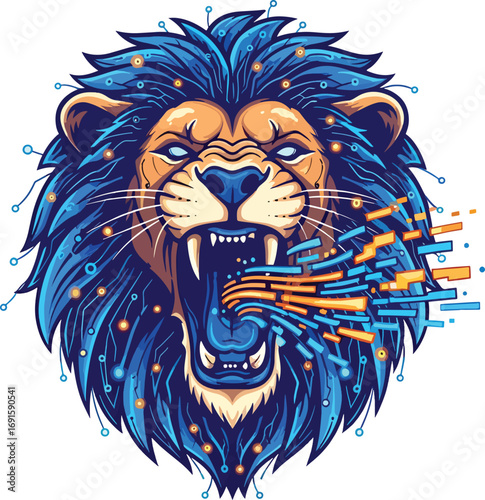 Dynamic, roaring lion head with vibrant blue digital mane erupting with data streams, symbolizing powerful tech innovation and fierce brand presence.